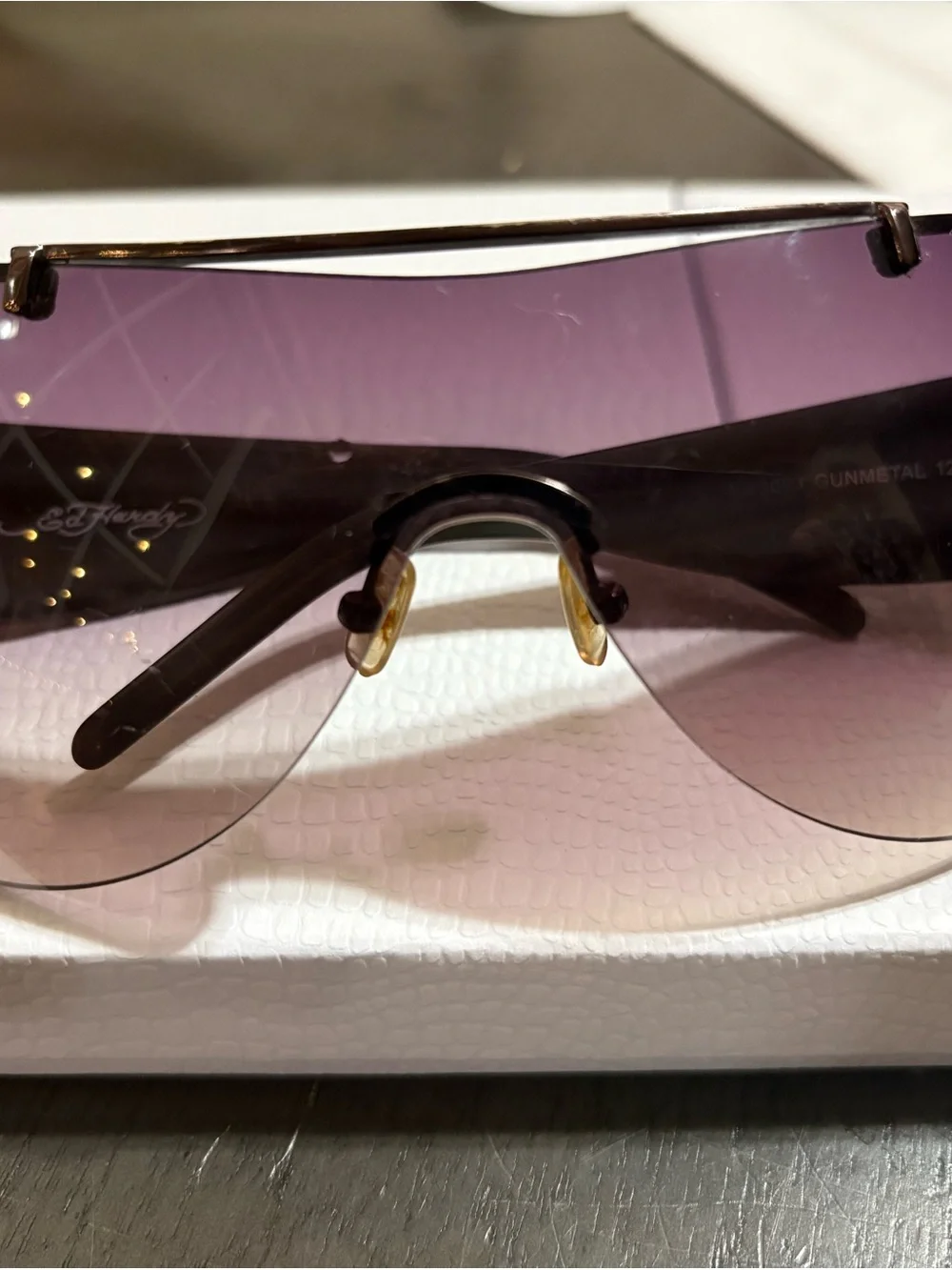 Ed Hardy Purple Gradient Rimless Shield Sunglasses with Gold Brow
